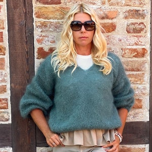 Handmade Mohair Silk Blend Sweater: Blue Green V-Neck Pullover