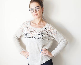 Sale!/Natural Beige Handmade Pullover / Jumper / Hand Knit and Crochet Summer Sweater