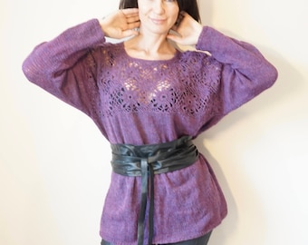 SALE!/Oversized Purple Handmade Pullover / Violet Loose Jumper/ Lightweight Hand Knit and Crochet  Sweater