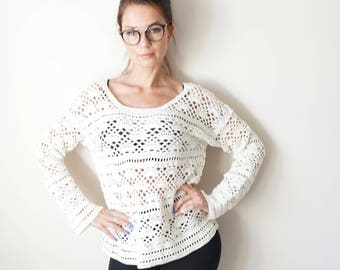 Ivory Crochet 100% Cotton Women Summer Pullover / Cream Boho Sweater