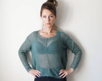 SALE!/Green Kid Mohair and Silk Pullover /Oversized  Cropped Sweater / Ready to Ship/ Sheer Mohair Pullover