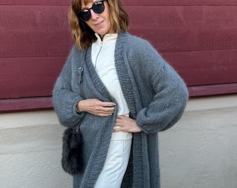 Grey Mohair Knit Cardigan Coat: Fluffy Oversized Long Cardigan