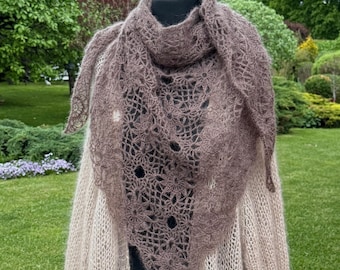 Brown Hand Crocheted Kid Mohair Silk Scarf: Lace Wedding Shawl