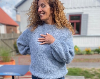 Grey  Blue Fluffy Soft Alpaca Pullover/ Lightweight Jumper/Light Alpaca Sweater/ Ready to Ship Size M/ L