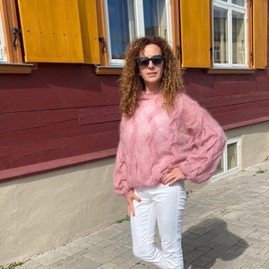 SALE/ Luxurious Soft and Fluffy Silkmohair Pullover/ Handknitted/Lightweight  Owersized Sweater/ Puff Sleeves/Light Dusty Pink Ready to Ship