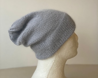 Light Blue Grey  Angora Cashmere Beanie Hat/ Soft Lightweight Knit Hat/ Female Cap/ Rabbit Mohair Hat/ Ready to ship