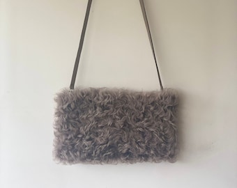 Grey Brown Natural Fur Clutch Bag / Brown Shearling Lamb Fur Bag / Crossbody Fur Bag