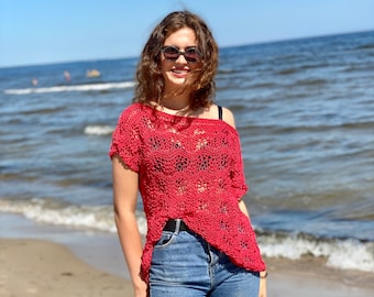 Blusa de punto roja estilo bohemio: blusa de fibra de maíz con hombros descubiertos