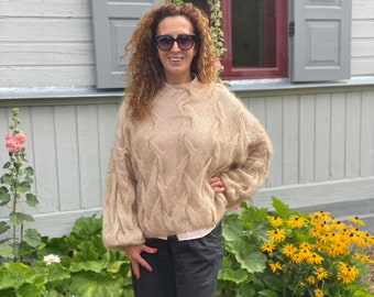 Luxurious Soft  Fluffy Mohair and Silk Pullover/ Handknit/ Lightweight  Owersized  Mohair Sweater/ Puff Sleeves/ Light Beige/ Ready to Ship