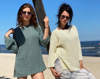 Grey Green Crochet  Women's Summer Pullove / Boho Sweater/ Cosy Casual Garment Spring / Summer fashion