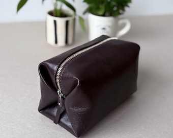 Dark Brown GoatLeather Cosmetic Bag: Purple Makeup Zipper Pouch