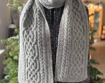 Hand Knit Medium Grey hand long scarf with celtic cable pattern Long Grey Unisex  Merino Scarf