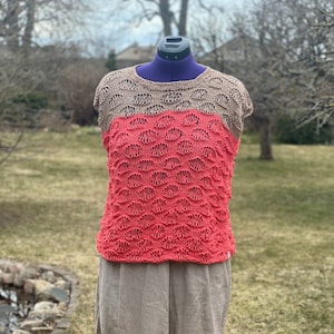 SALE!/Women Hand Knit Pullover Top / Short Sleeved / Summer Lace Top/ Coral and Beige/ Ready to Ship