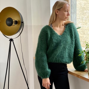 Hand Knit Kid Mohair Cropped Pullover: Lightweight V-Neck Sweater
