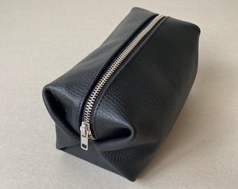 Black Calf Leather Cosmetic Bag / Leather Makeup Case / Lined Zipper Pouch / Leather Toiletry Case/ Ready to Ship