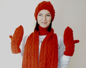 Red Hand Knitted Merino Wool Hat, Mittens and Scarf / Ski Set