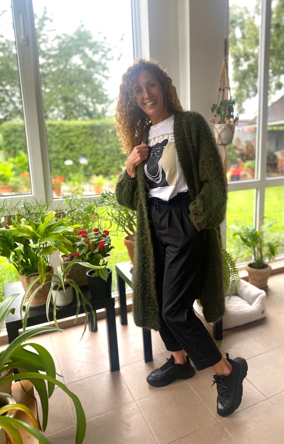 Khaki Green Mohair Blend Long Cardigan Coat/olive Green - Etsy