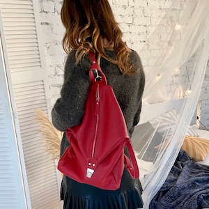 Soft Calf Leather Backpack / Red Minimalist Leather Bag  / Traveller Bag / Lined /13&quot; Laptop