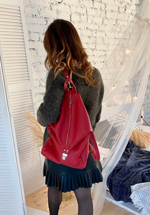 calf leather backpack Red Leather Backpack: Minimalist Soft Calf Leather, 13
