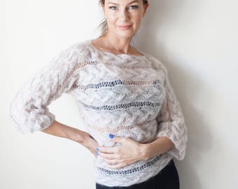 Made to Order/ Mohair and Silk Hand Knit Pullover/ Lace and Cable pattern / Light Beige with Light Pink Shade / Sexy and Elegant Lace