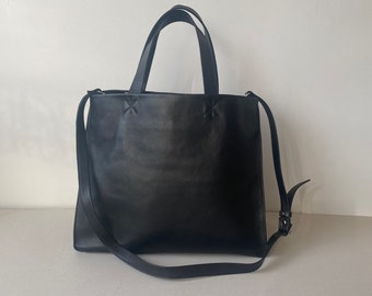 Black Genuine Leather Tote Bag  / Everyday Women Handbag  / Minimalist Leather Cross Body Bag / Lined/ Ready to ship