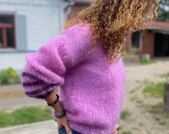 Hand Knit Mohair Silk Pullover: Bishop Sleeves, Lilac Rose