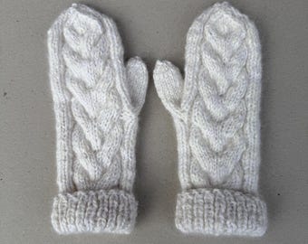 Handspun Angora  Alpaca Mittens: Chunky Cable Knit, Milky White