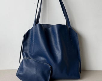 Jeans Blue Leather Hobo Bag: Slouchy Shoulder Bag with Wallet