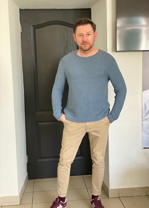 Hand Knitted Cotton Pullover/ Mens Knit 