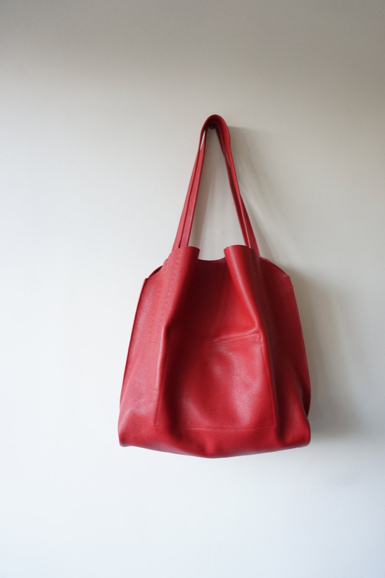 Red Leather Shoulder Bag / Slouchy Hobo Bag / Textured Soft Calf Leather / Unlined image 3