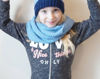 Wool Knitted Boy&#39;s or Girl&#39;s Set / 3-6 years /  Hat and Scarf/ Light Blue and Dark Blue / Ready To Ship