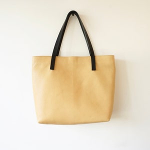 Yellow Calf Leather Shoulder Bag / Yellow Tote Bag with Black Leather Handles/ Zipper Clousure