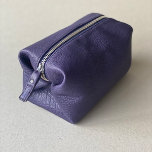 May include: A small, rectangular, purple leather pouch with a silver zipper closure. The pouch has a textured surface and a small pull tab on the zipper. The pouch is designed to hold small items.