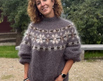Fluffy Mohair Silk Blend Pullover: Grey Aubergine  Mohair Sweater Fair Isle Pattern