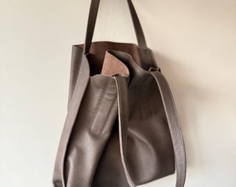 Hand Stitched Grey Brown Calf Leather Hobo Bag: Soft Slouchy Shoulder Bag