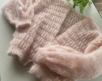 Airy Mohair Hand Knit Bomber/ Lightweight Open Front Cardigan/ Powder Pink Sand Mohair/ Feminine Soft Yarn Jacket/ Ready to Ship L/XL