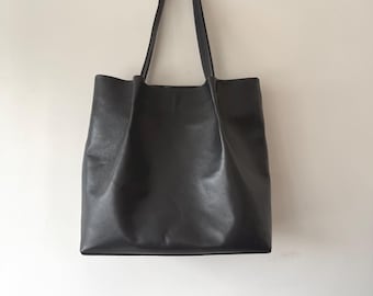 Dark Grey Goat Leather Tote Bag - Lined Women's Shoulder Bag