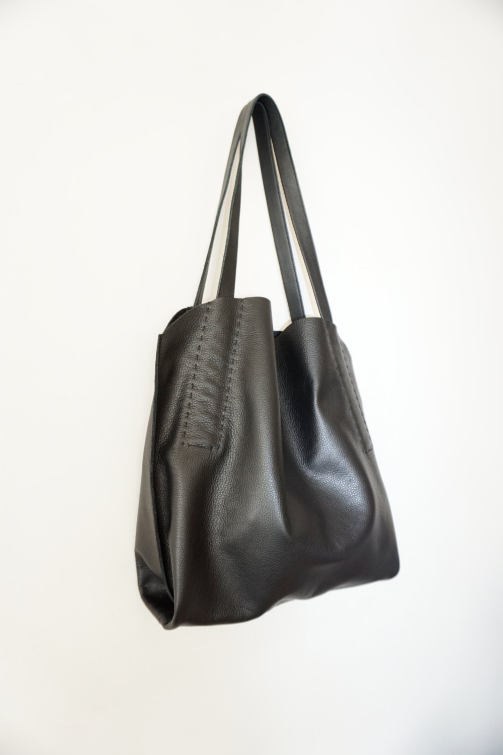 Black Textured Calf Leather Shoulder Bag / Women Soft Slouchy - Etsy