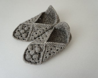 Wool Slippers /Women Crochet Home Shoes / Grey Brown