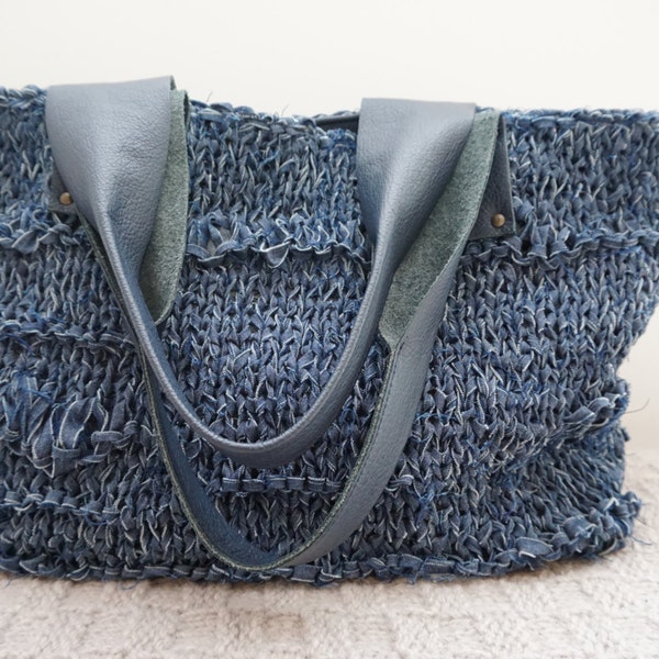 Distressed Hand Knitted Blue Jeans Yarn and Leather Bag  / Every day Medium Shoulder Bag