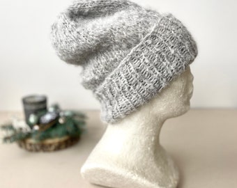 Light Grey Kid Mohair Beanie / Fluffy Lightweight Knit Beanie / Chunky Knit Hat