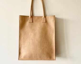 Minimalist Beige Leather Tote Bag: Handmade Women's Shoulder Bag