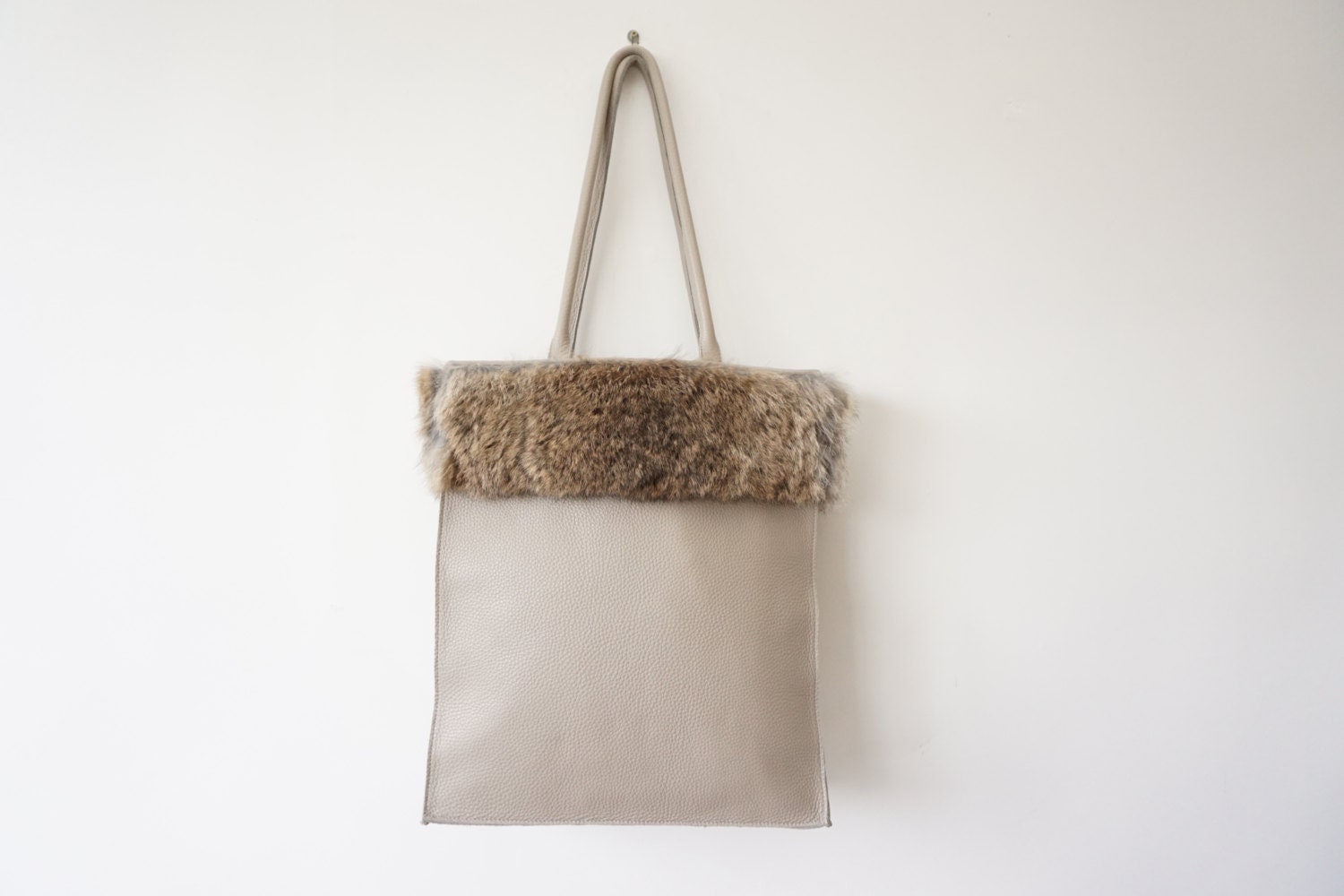 SALE / Large Leather Tote Bag with Rabbit Fur / Leather Tote Etsy