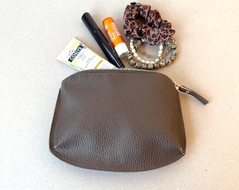 Grey Brown Calf Leather Cosmetic Bag: Zipper Pouch Makeup Case