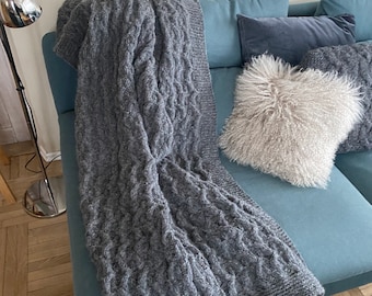 Made to Order/ Chunky Knit Superfine Alpaca Throw Blanket/ Bedspread - Coverlet /Cosy Knit Throw/ Cable Texture/ Charcoal/ Dark Grey