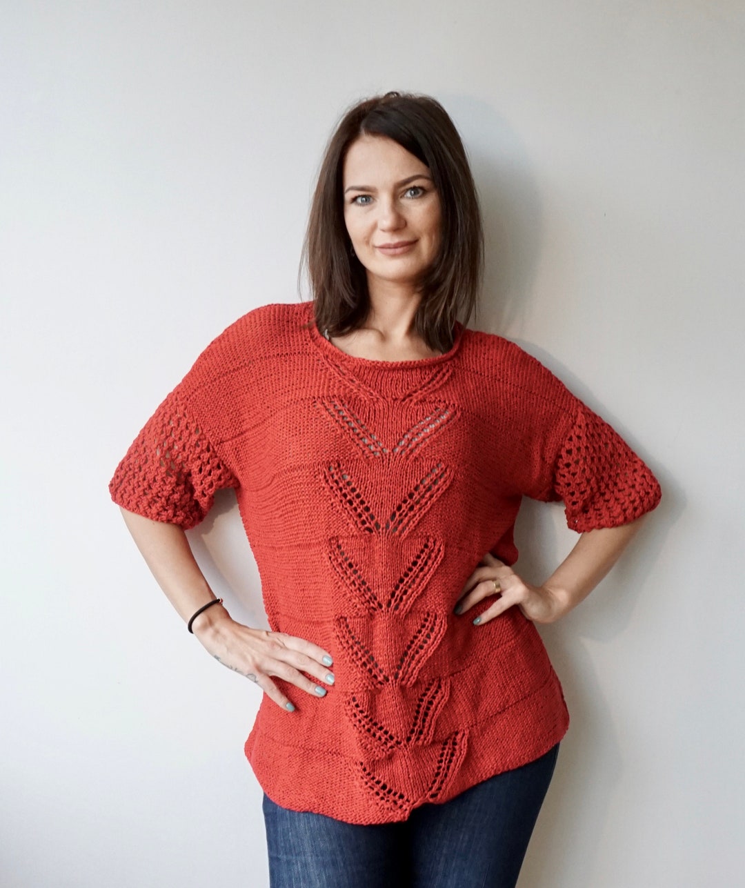 Red Women Hand Knit Pullover Top / Short Sleeved /summer Sweater Top