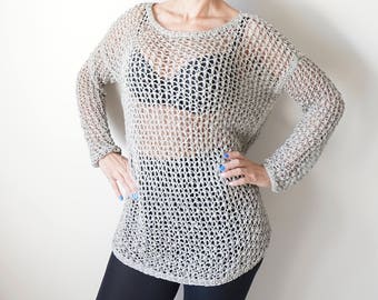 Summer Top/ Cotton Blend Oversize Pullover Slouchy  Sweater /Stone Grey /Sheer Pullover/ Loose Knit Tunic /Lana Grossa Yarn/ Ready to ship