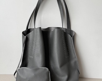 Grey Leather Hobo Bag: Slouchy Shoulder Bag with Wallet