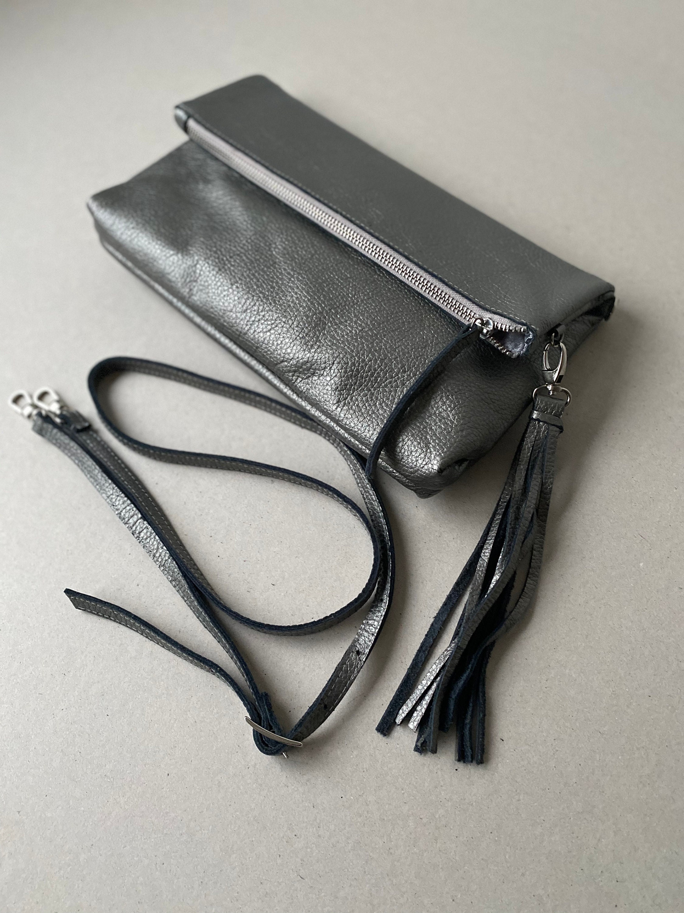 Vintage Inspired Silver Textured Leather Fold Over Zipper Clutch With Tassel wristlet Evening Clutch Crossbody Bag Ready to Ship Etsy