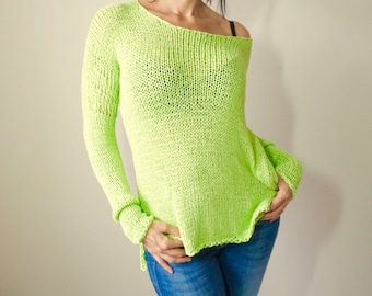 Hand Knit Neon Green Viscose Pullover: Off-the-Shoulder Summer Top